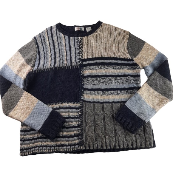 Vintage Paul Harris Women's Blue Cream Striped Mix Knit Chunky Grandpa Sweater L - Picture 1 of 9